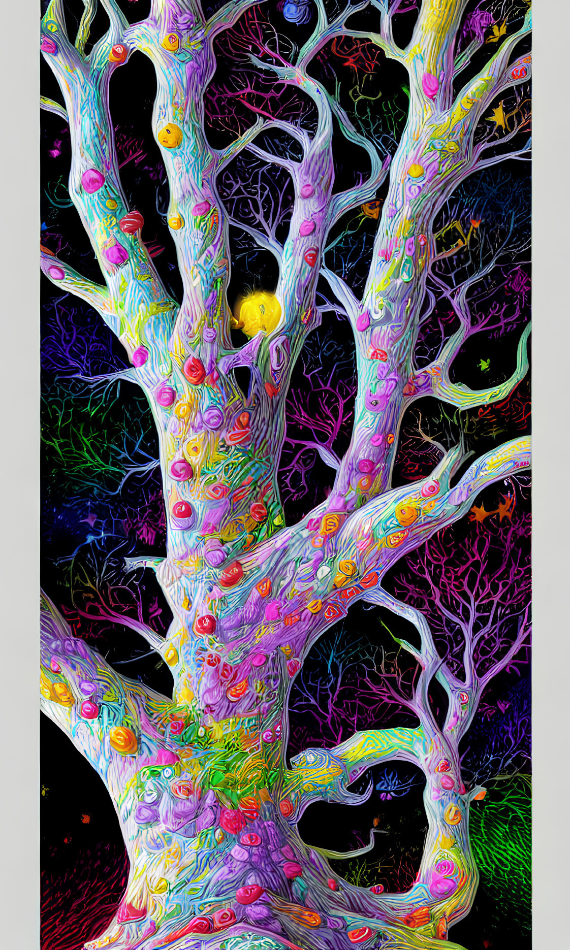 Colorful Psychedelic Tree Illustration with Fruits on Dark Background