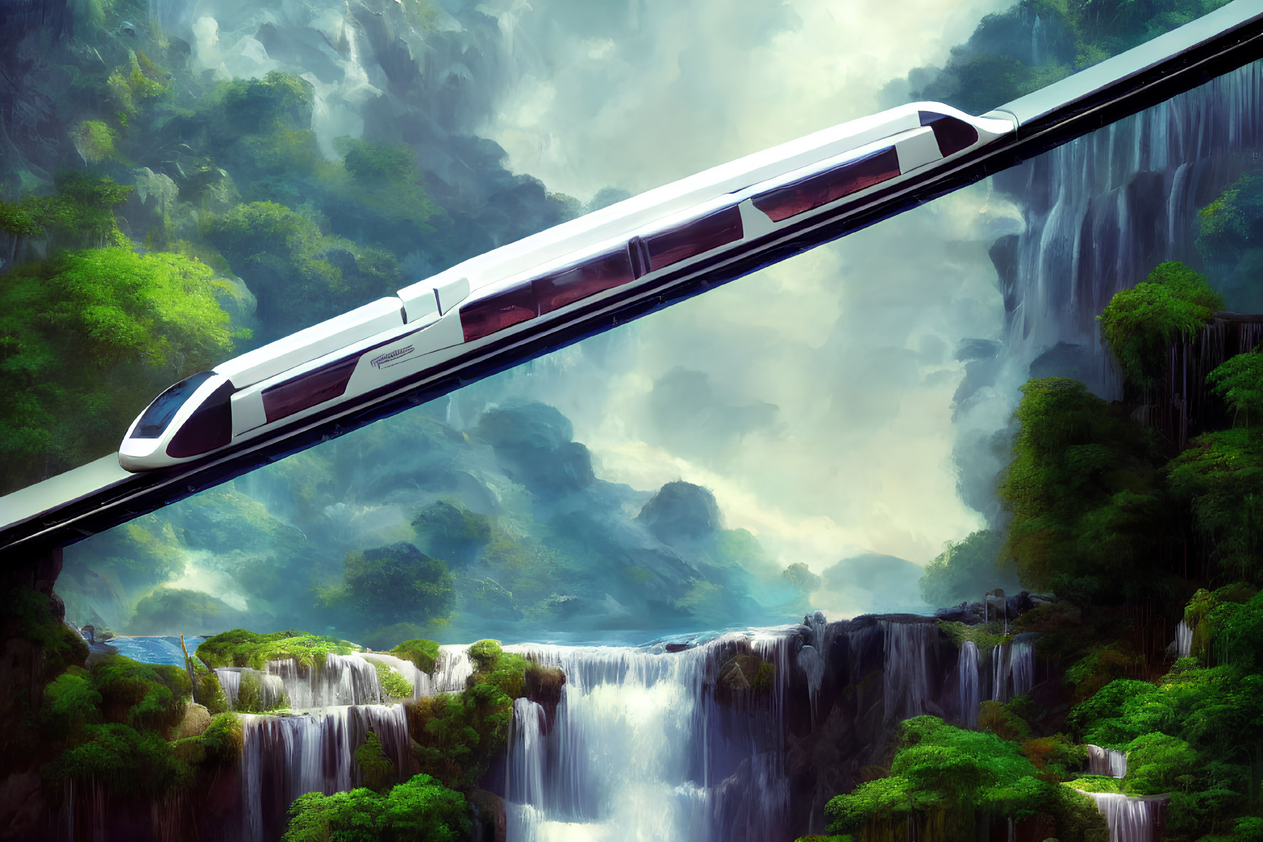 Futuristic train over waterfall bridge with misty mountains