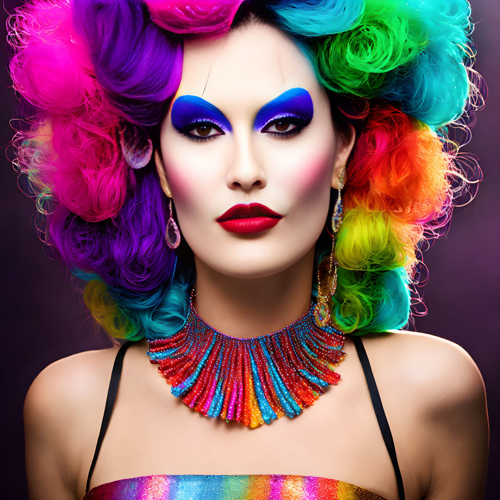 Vibrant Rainbow Hair and Blue Eyeshadow Portrait on Purple Background