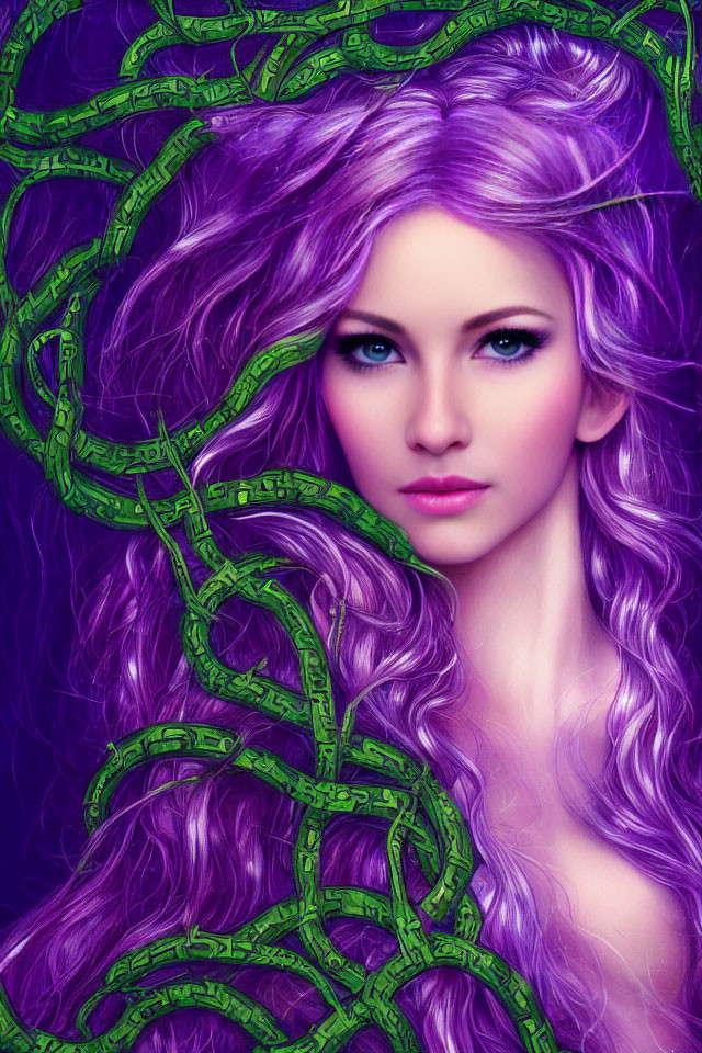 Vibrant purple hair and mystical symbols on woman's portrait.