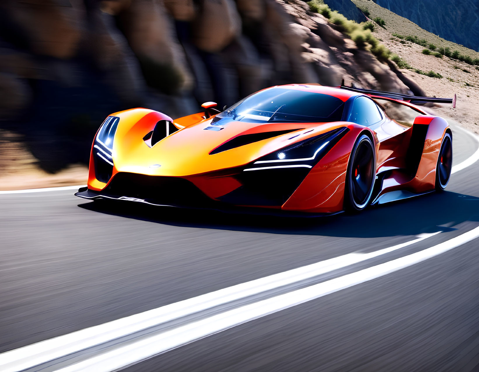 Orange Sports Car Speeding on Mountain Road with Black Accents