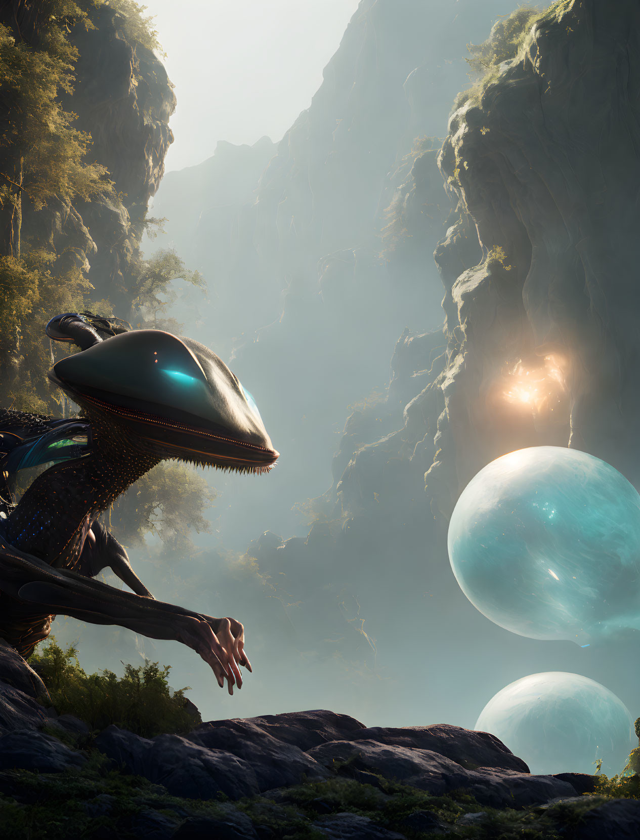 Alien figure in helmet in mystical forest with planets in sky