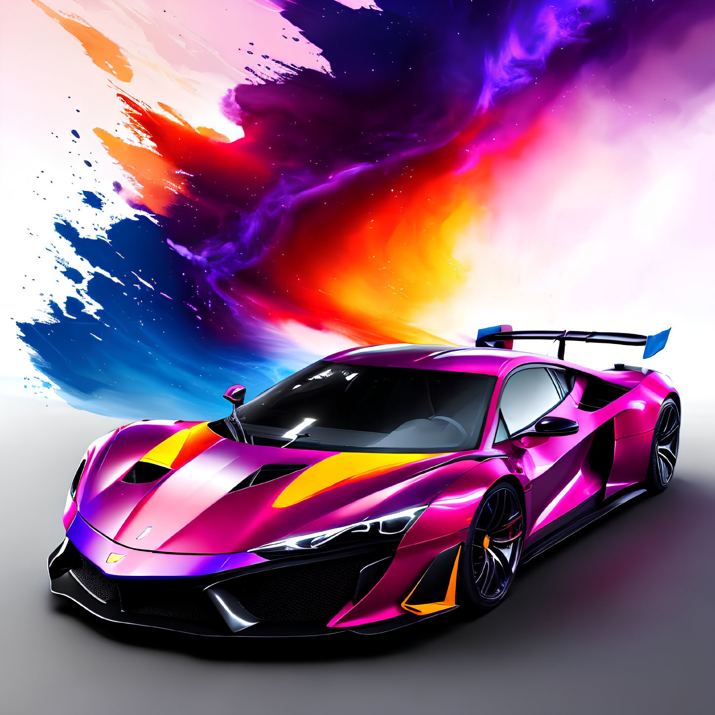 Multicolored Abstract Art Backdrop with Sports Car and Neon Accents