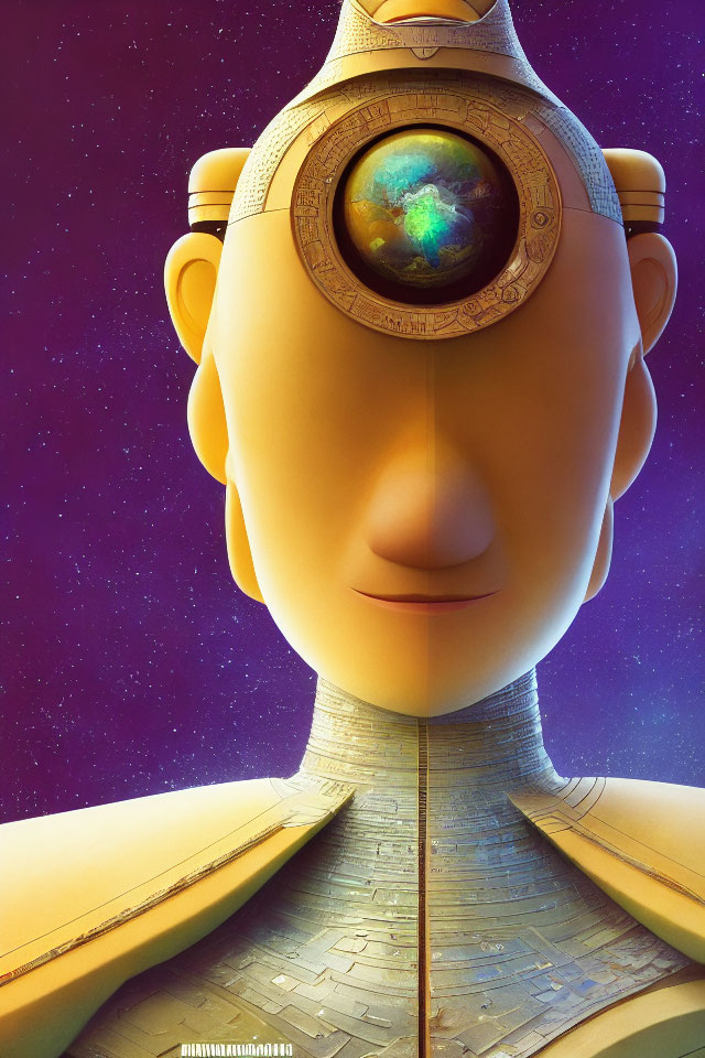 Digital artwork featuring humanoid figure with cosmic orb in forehead against starry space background