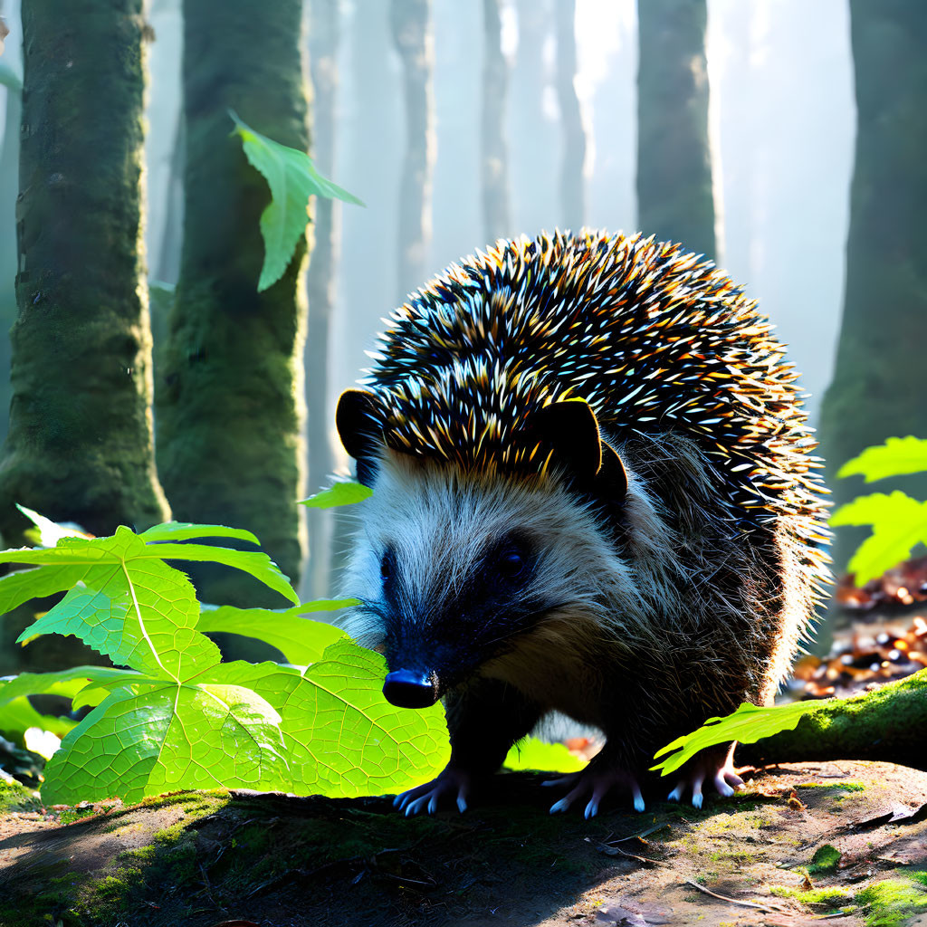 Sunlit forest scene: Hedgehog with illuminated spines peeking from foliage