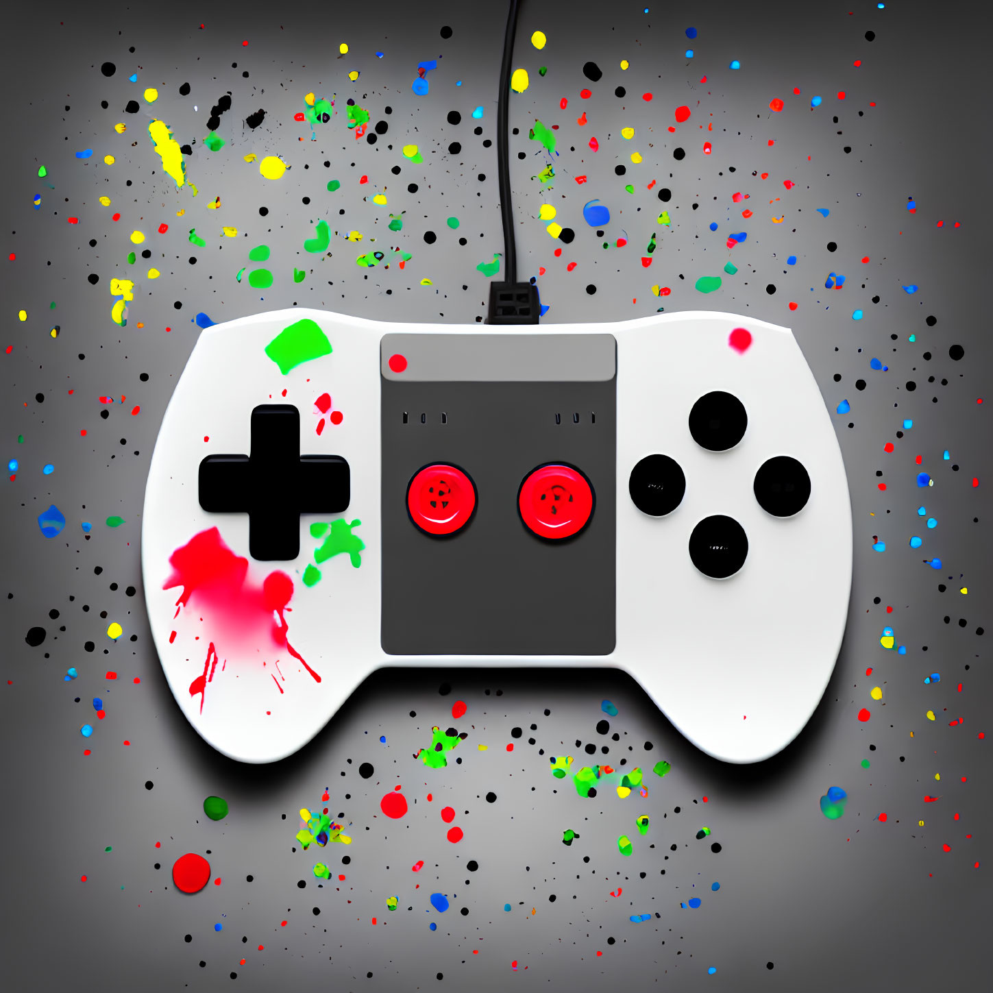 White Video Game Controller with Red Buttons Splattered in Colorful Paint on Gray Background