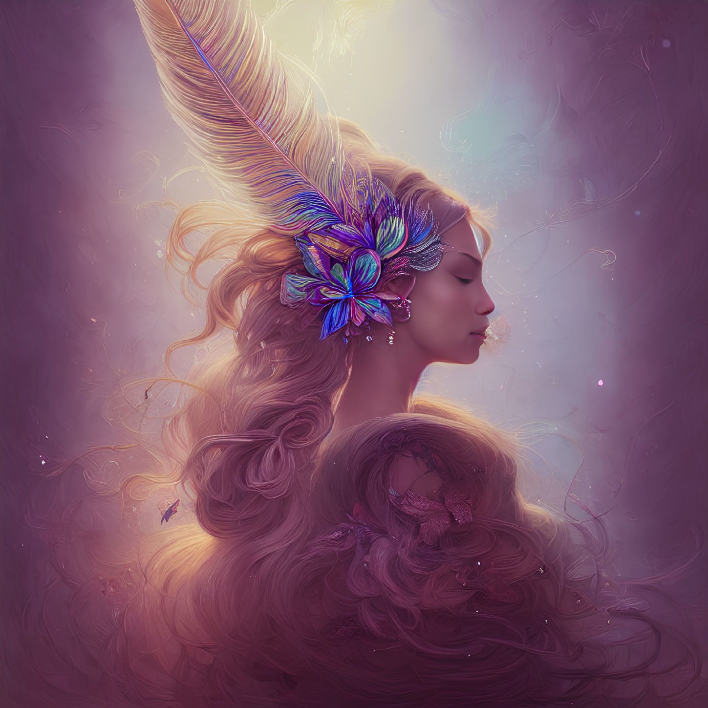 Digital artwork of woman with flowing hair and feathered headdress.