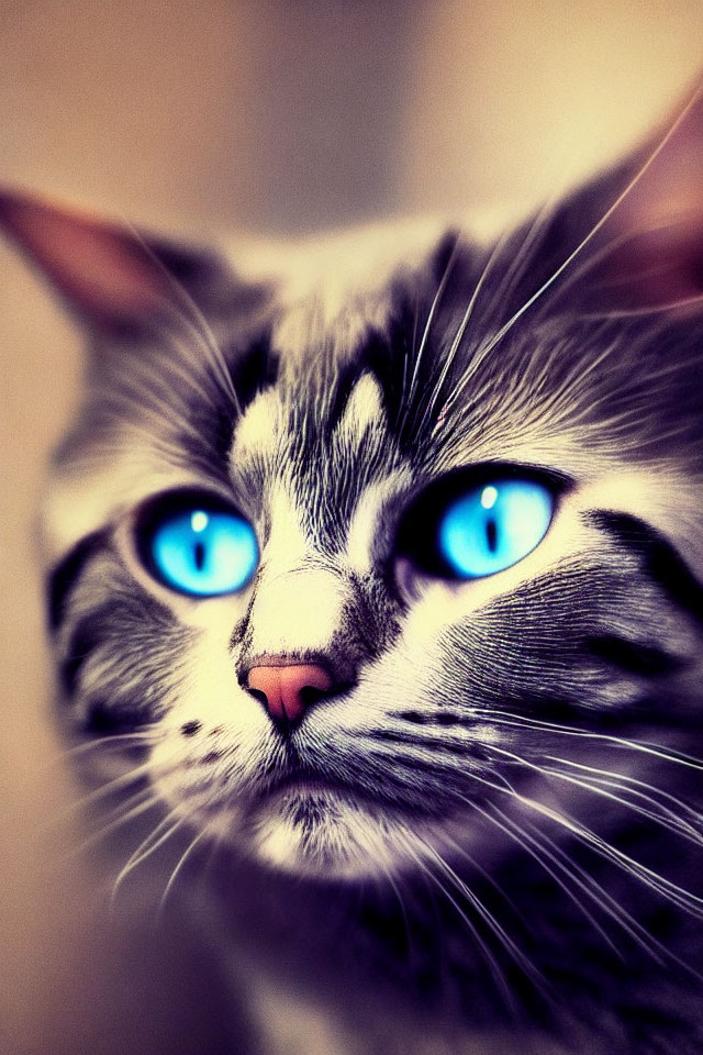 Blue-eyed cat with grey striped fur in intense close-up.