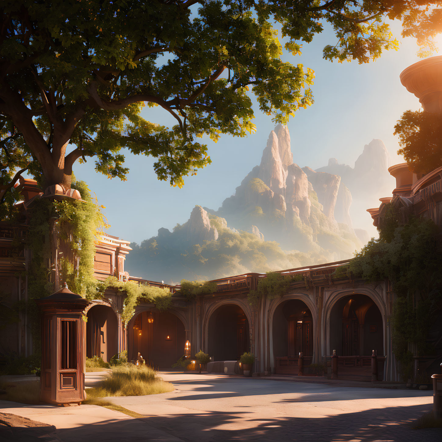 Ancient courtyard with lush trees and towering mountains under sunlight