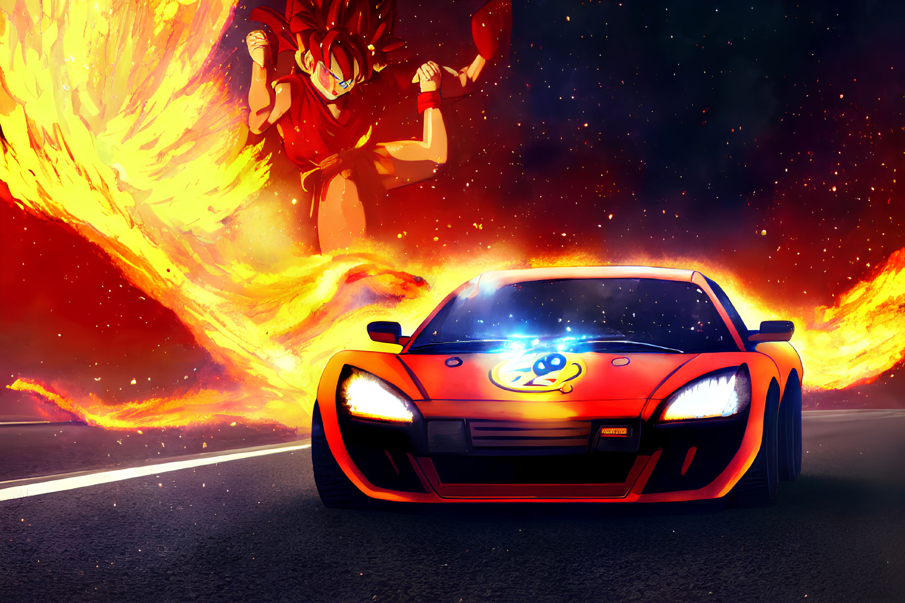 Sports Car on Road with Fiery Beast Background and Vibrant Sky