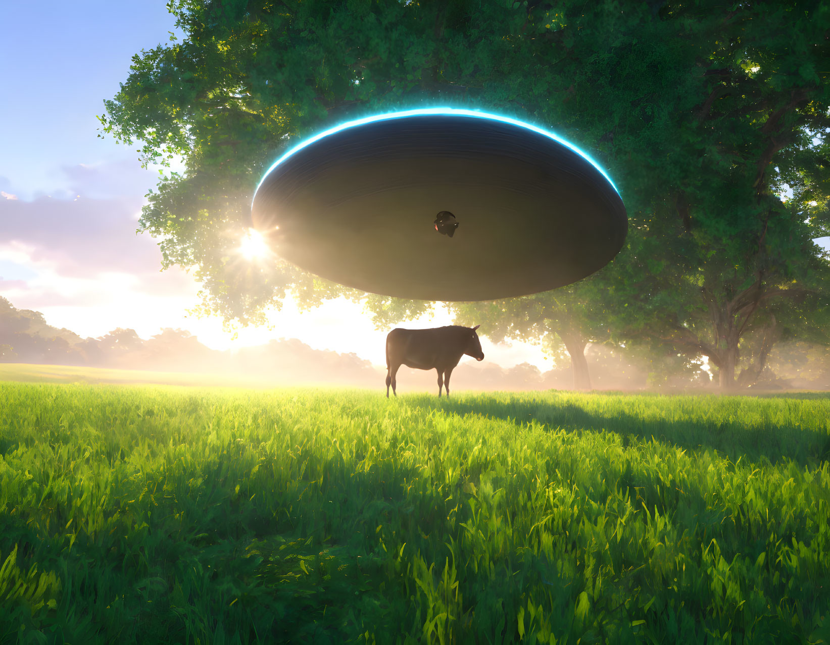 Cow in sunlit field gazes at hovering flying saucer with light beams.