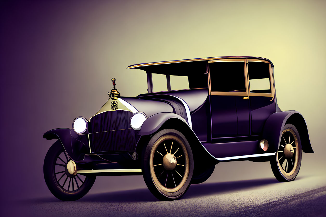 Vintage Purple Car with Golden Highlights and Spoked Wheels on Gradient Background