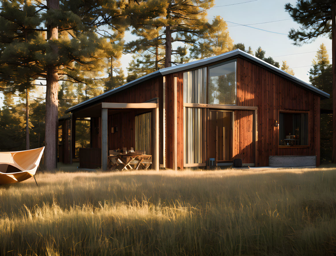 Modern Wooden Cabin with Large Glass Windows Among Tall Pine Trees