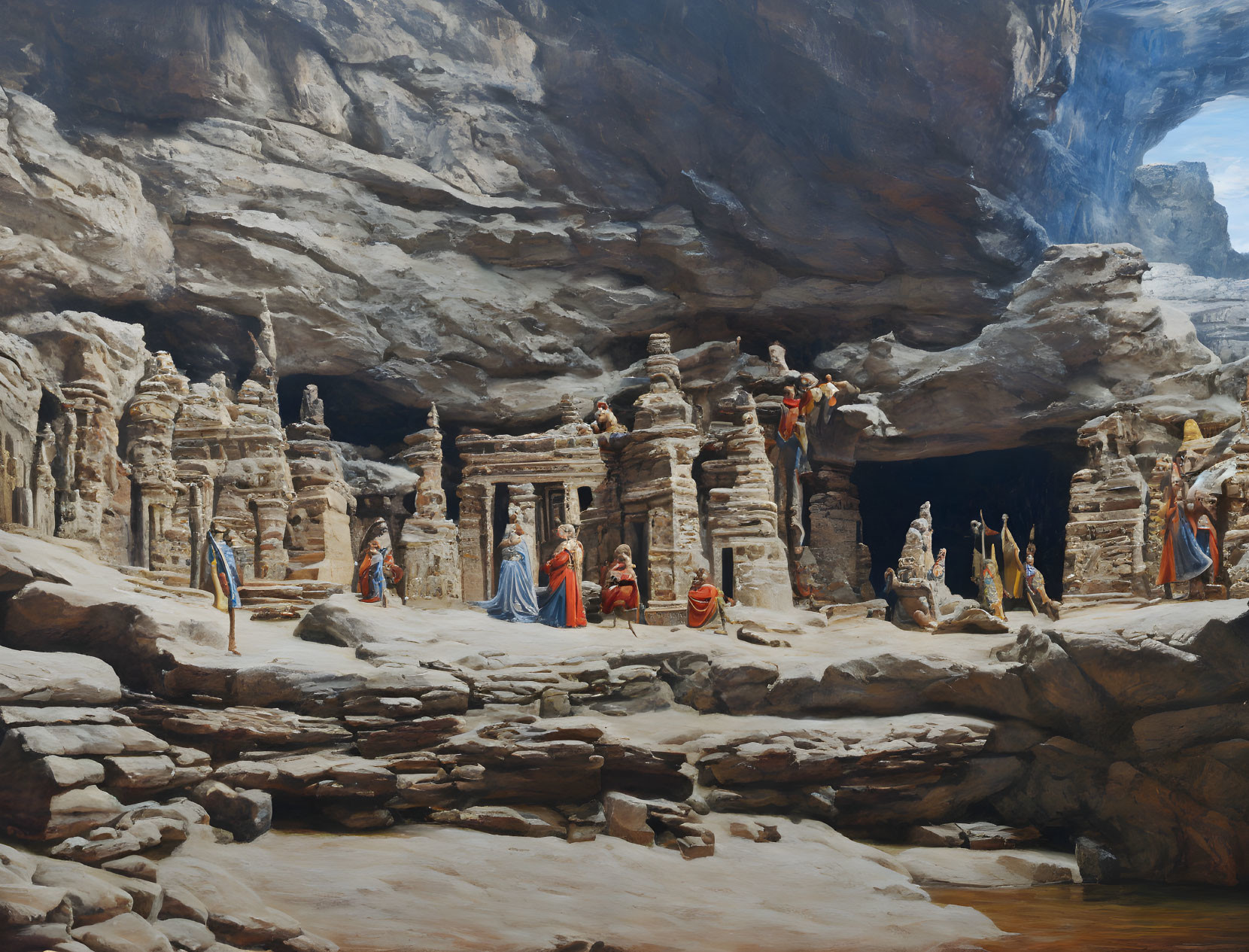 Ancient rock-cut architecture with traditional figures in cavernous landscape.