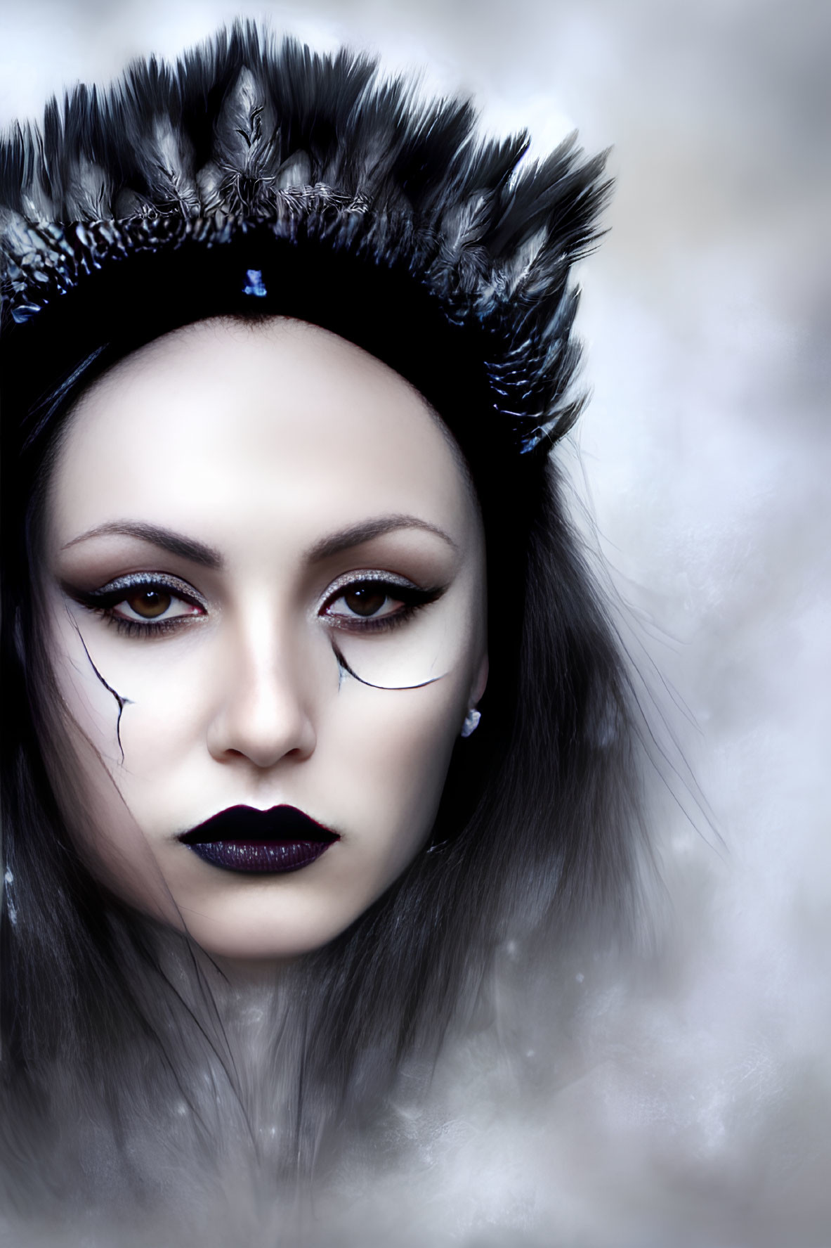 Feathered headpiece and cracked paint effect on dark makeup portrait.