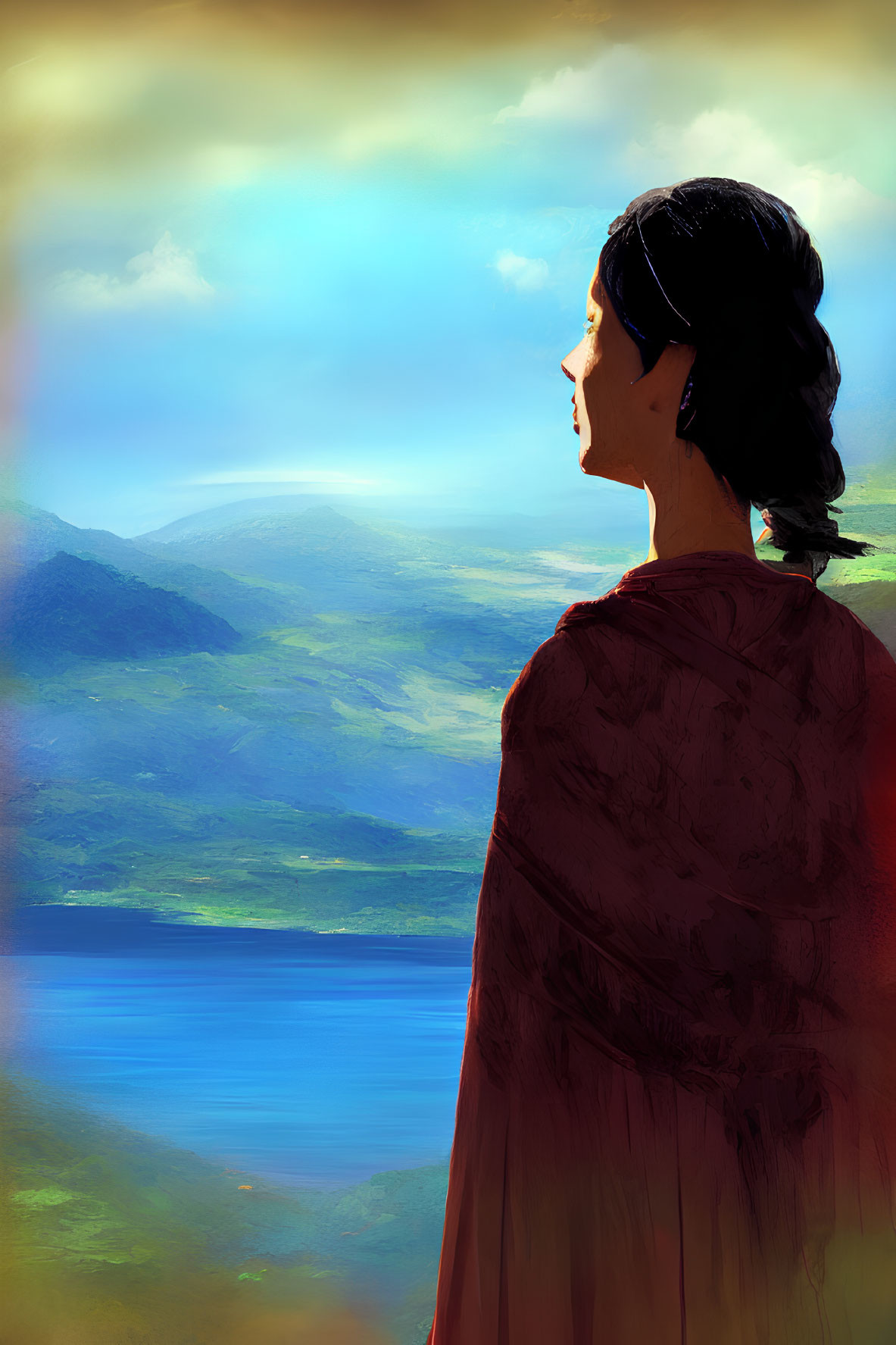 Woman in Red Dress Contemplating Serene Mountain Landscape