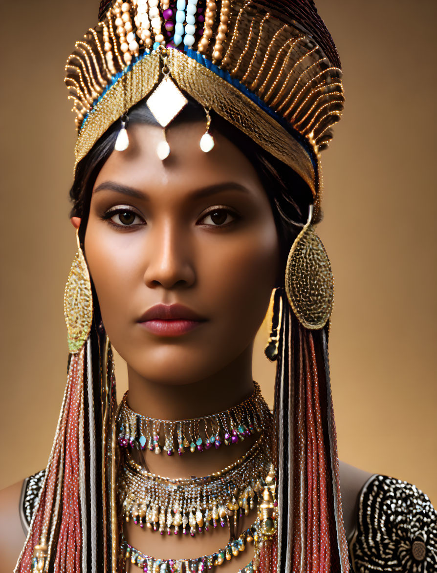 Traditional headdress with intricate beads and metallic accents on a woman with striking jewelry