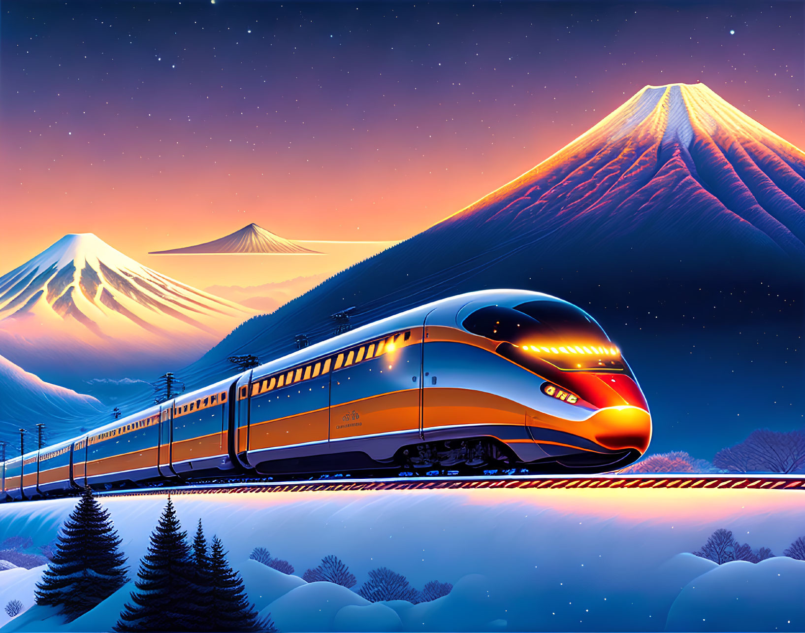 High-speed train in snowy landscape with Mount Fuji and starry sky