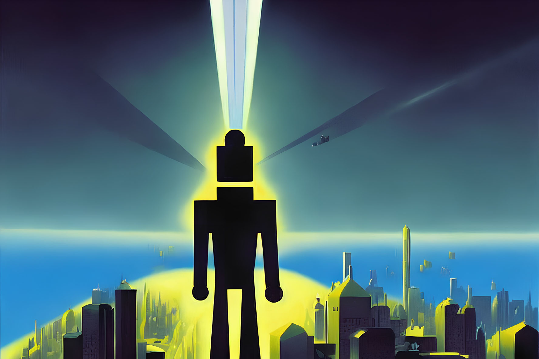 Silhouetted figure overlooking cityscape with glowing eyes and airship