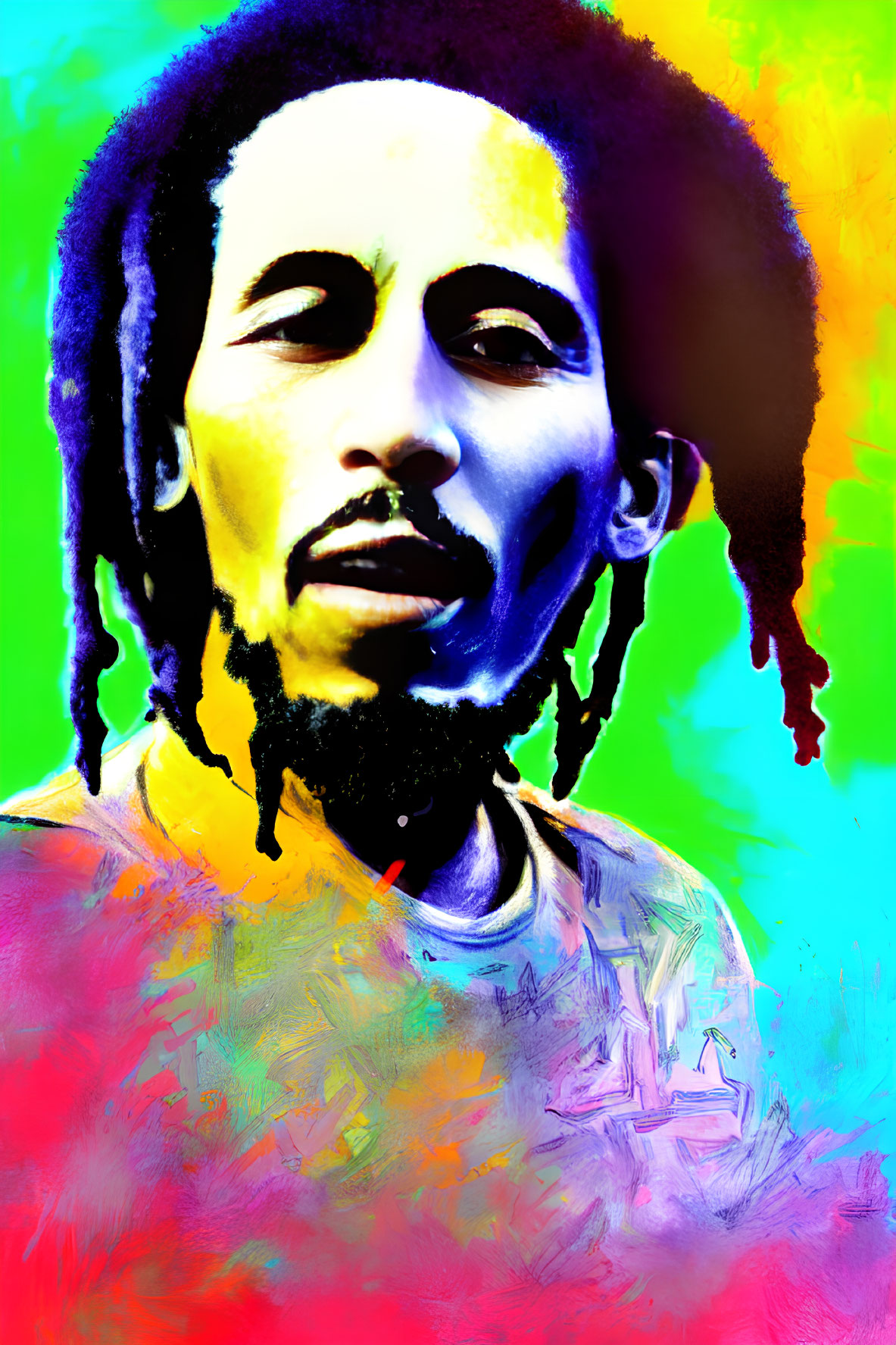 Colorful portrait of a man with dreadlocks on rainbow background