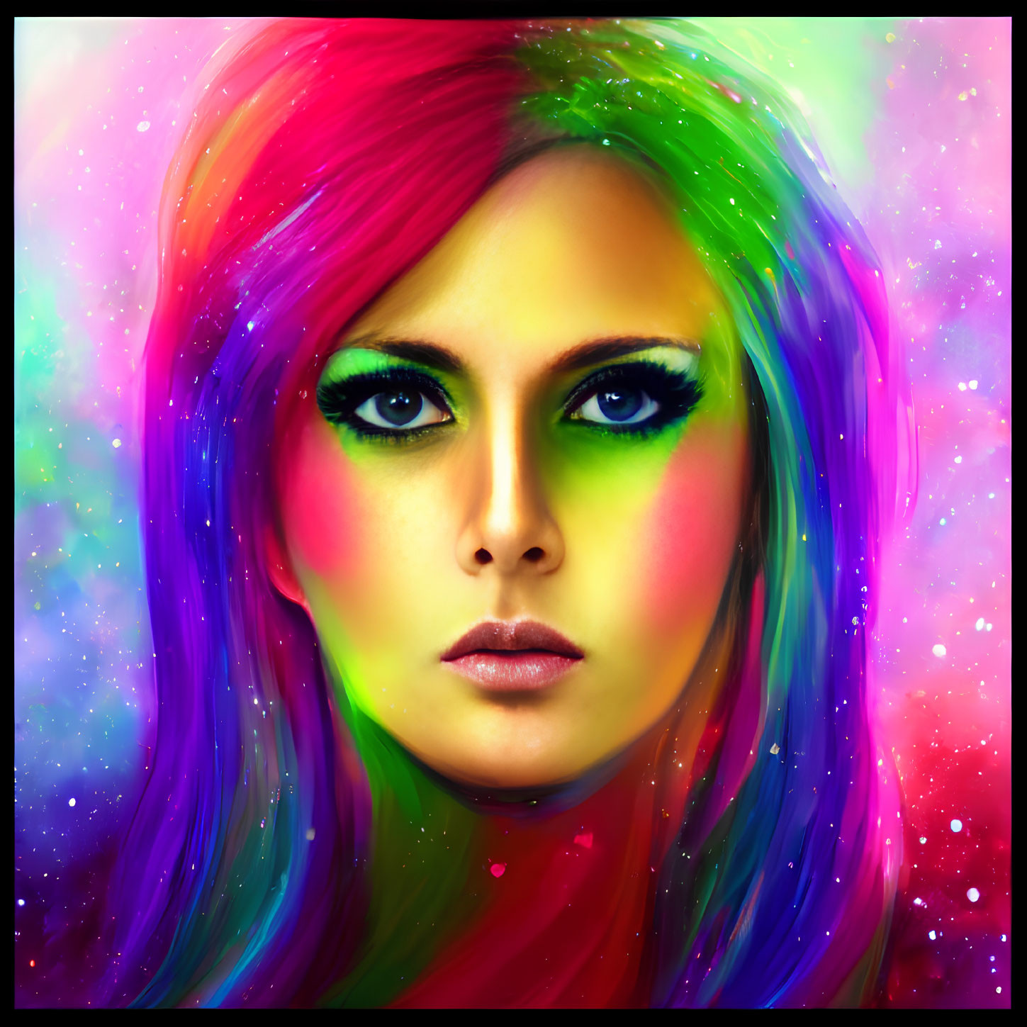 Colorful digital portrait: Woman with rainbow hair and galaxy background