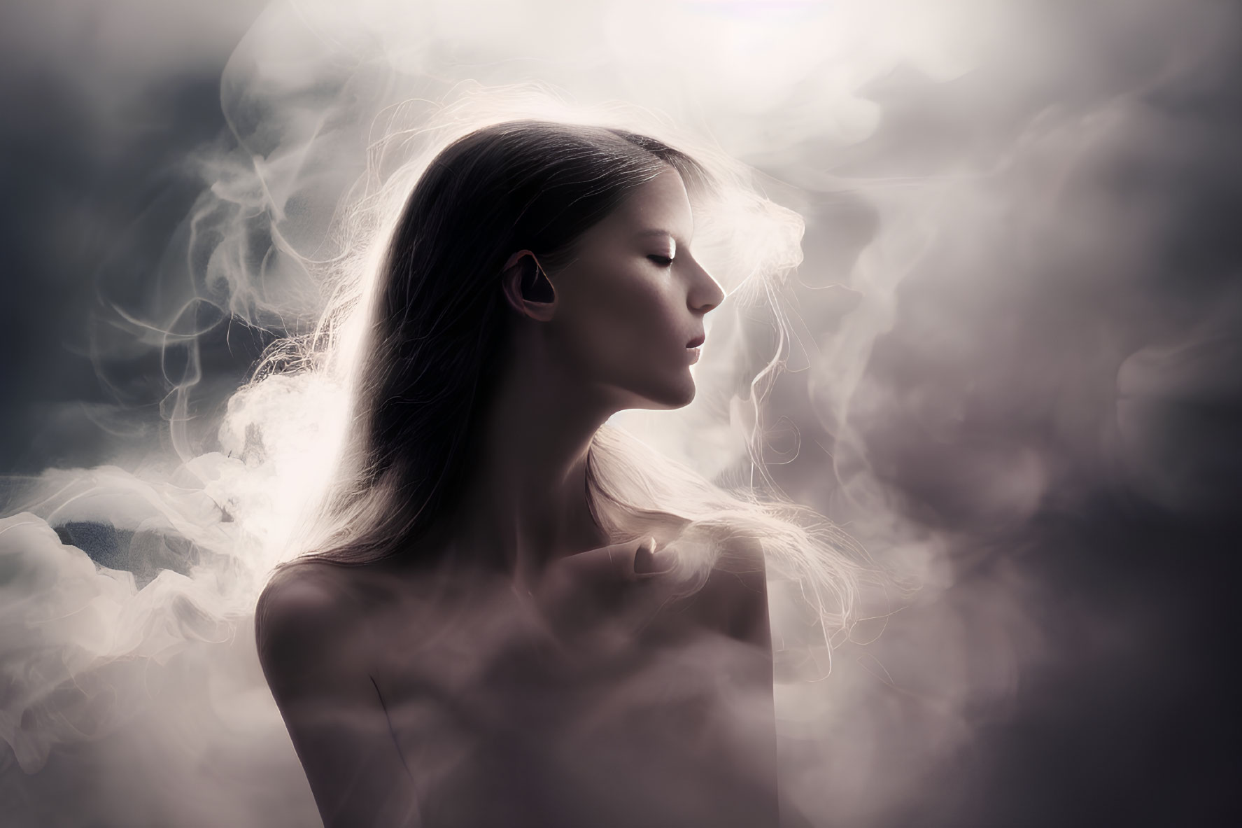 Profile of serene woman in mist with contemplative expression