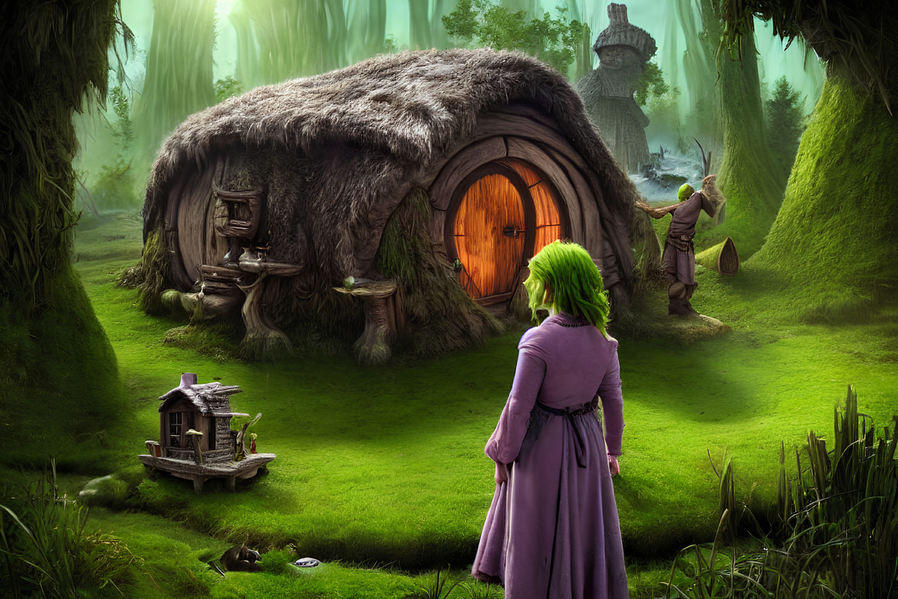 Green-haired woman in purple dress in front of whimsical forest scene with cottage and lantern statue