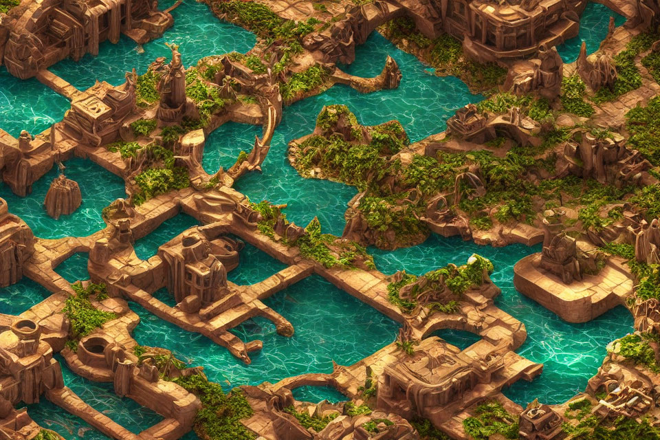 Fantastical ancient city with ruins and blue waterways