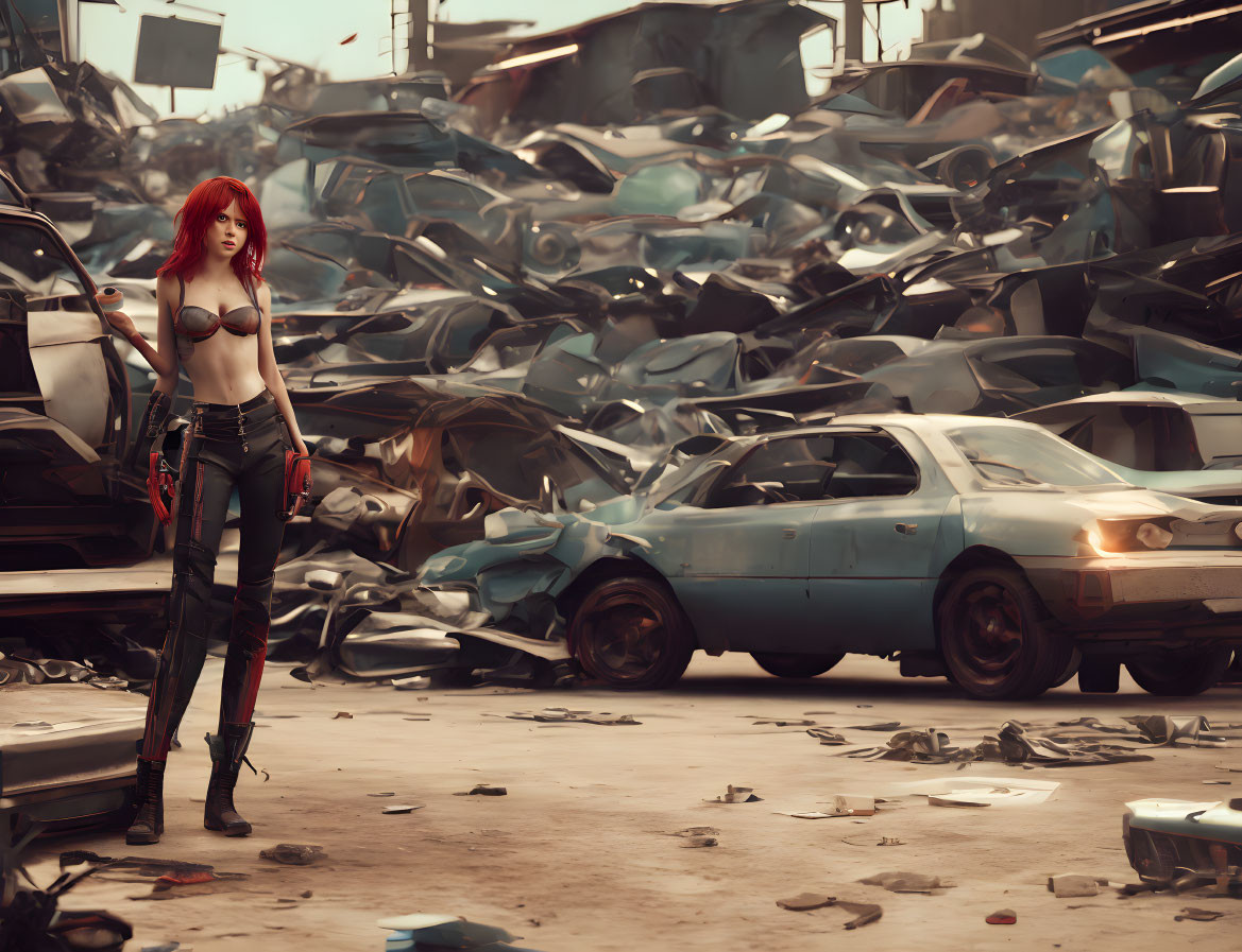 Red-Haired Woman in Futuristic Outfit Stands in Junkyard Holding Weapon