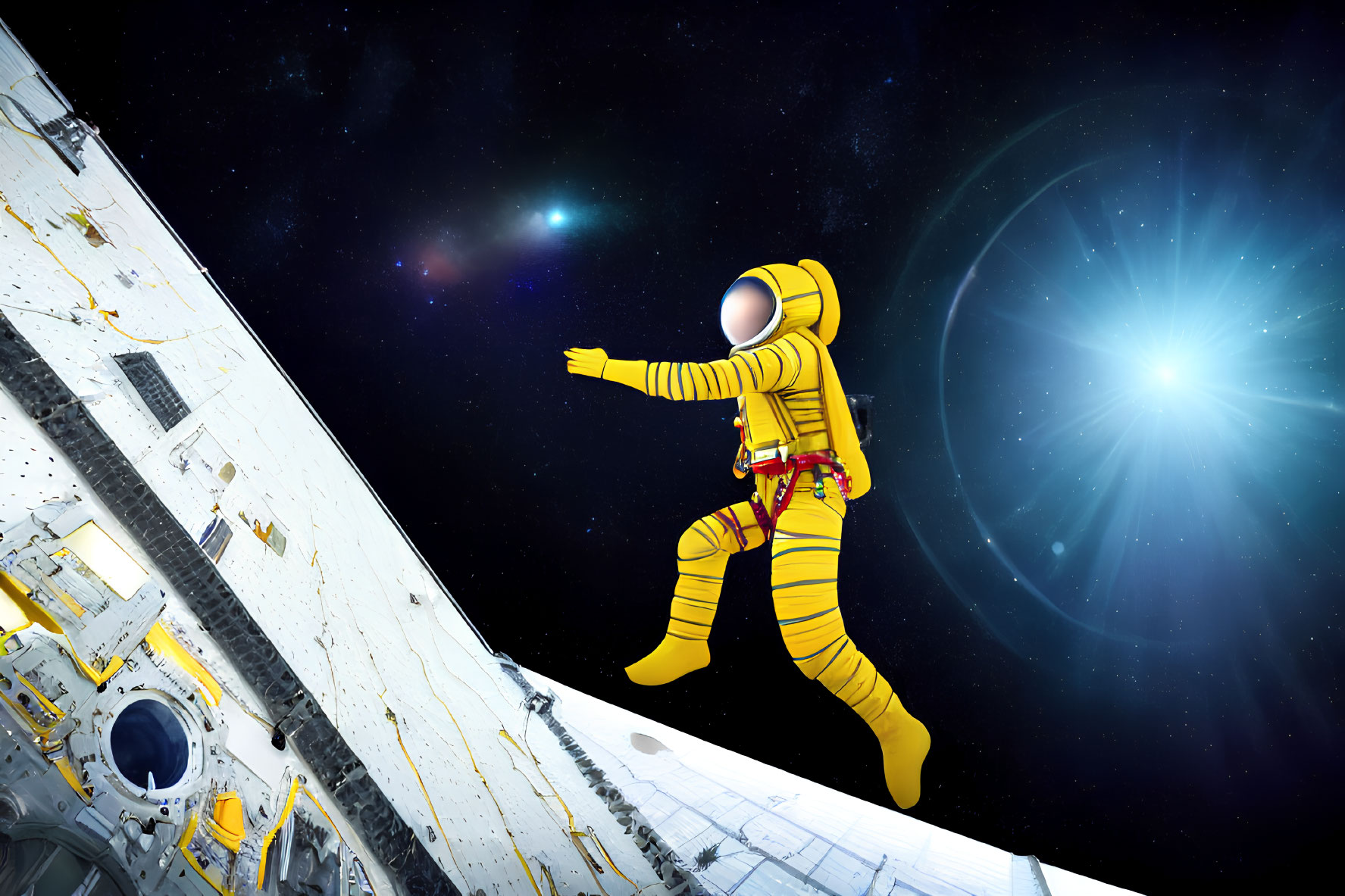 Yellow-suited astronaut spacewalks near spacecraft in vast space.