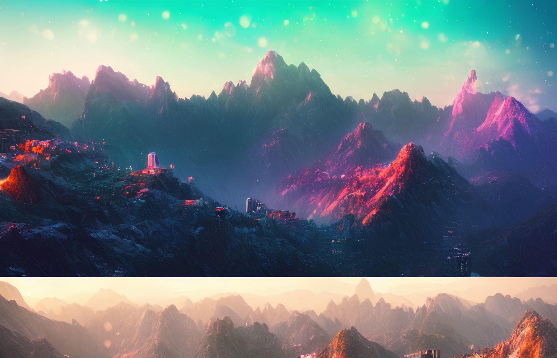 Vibrant futuristic mountain landscape at twilight