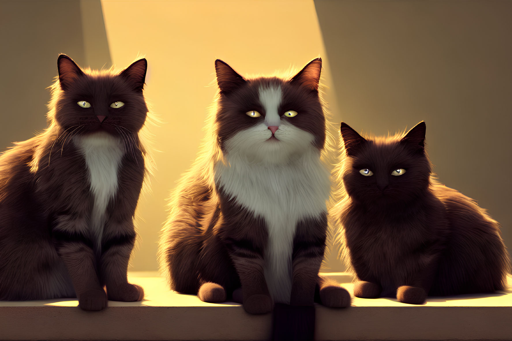 Three fluffy cats sitting side by side with intense gazes in warm lighting