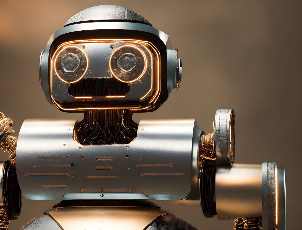 Detailed robot head with expressive eyes and metallic body in warm backlight