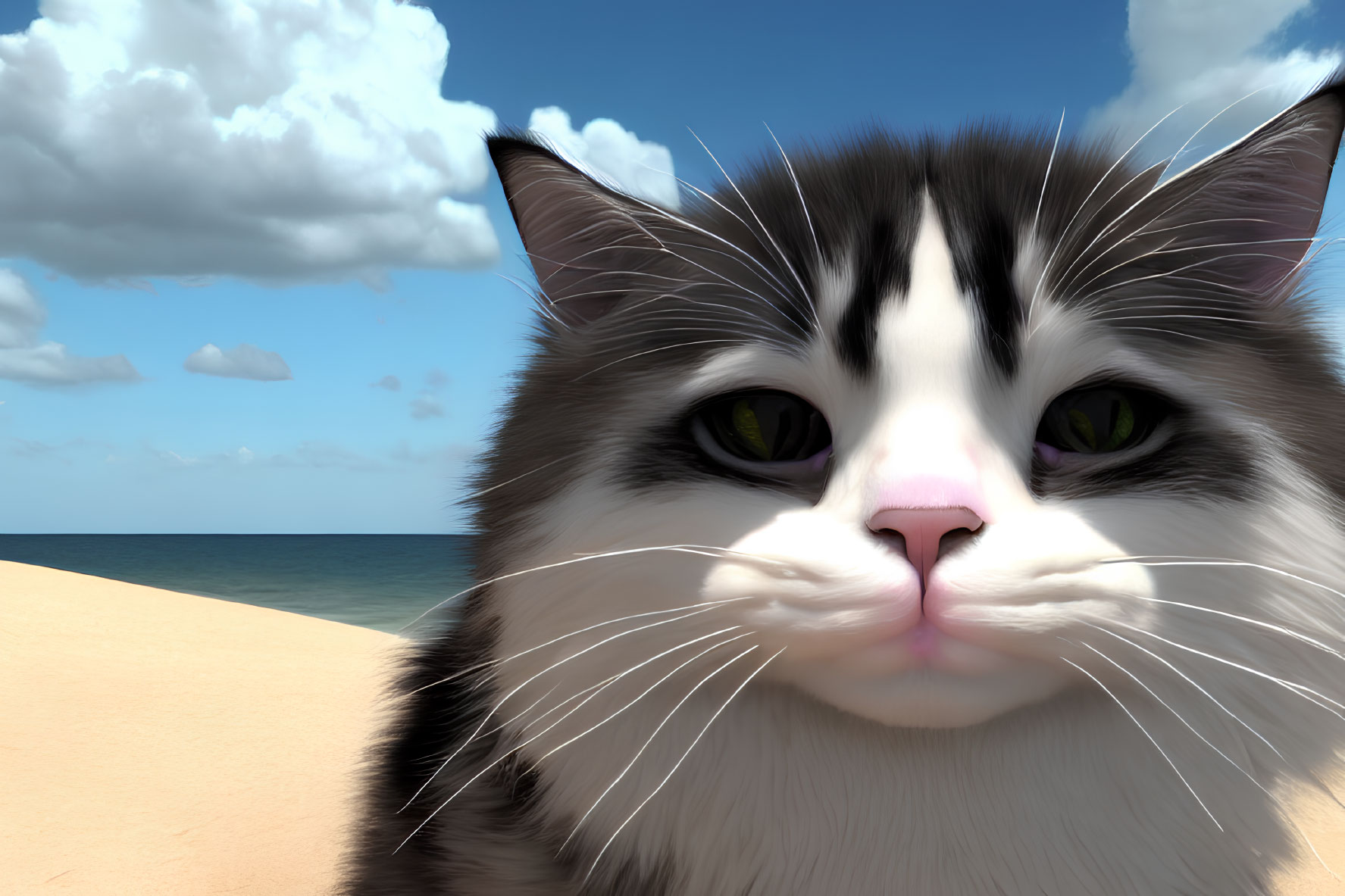 Furry cat with green eyes on sandy beach under blue sky