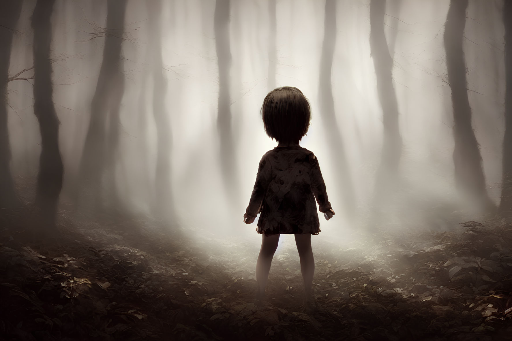 Child in foggy forest with bare trees under ethereal light.