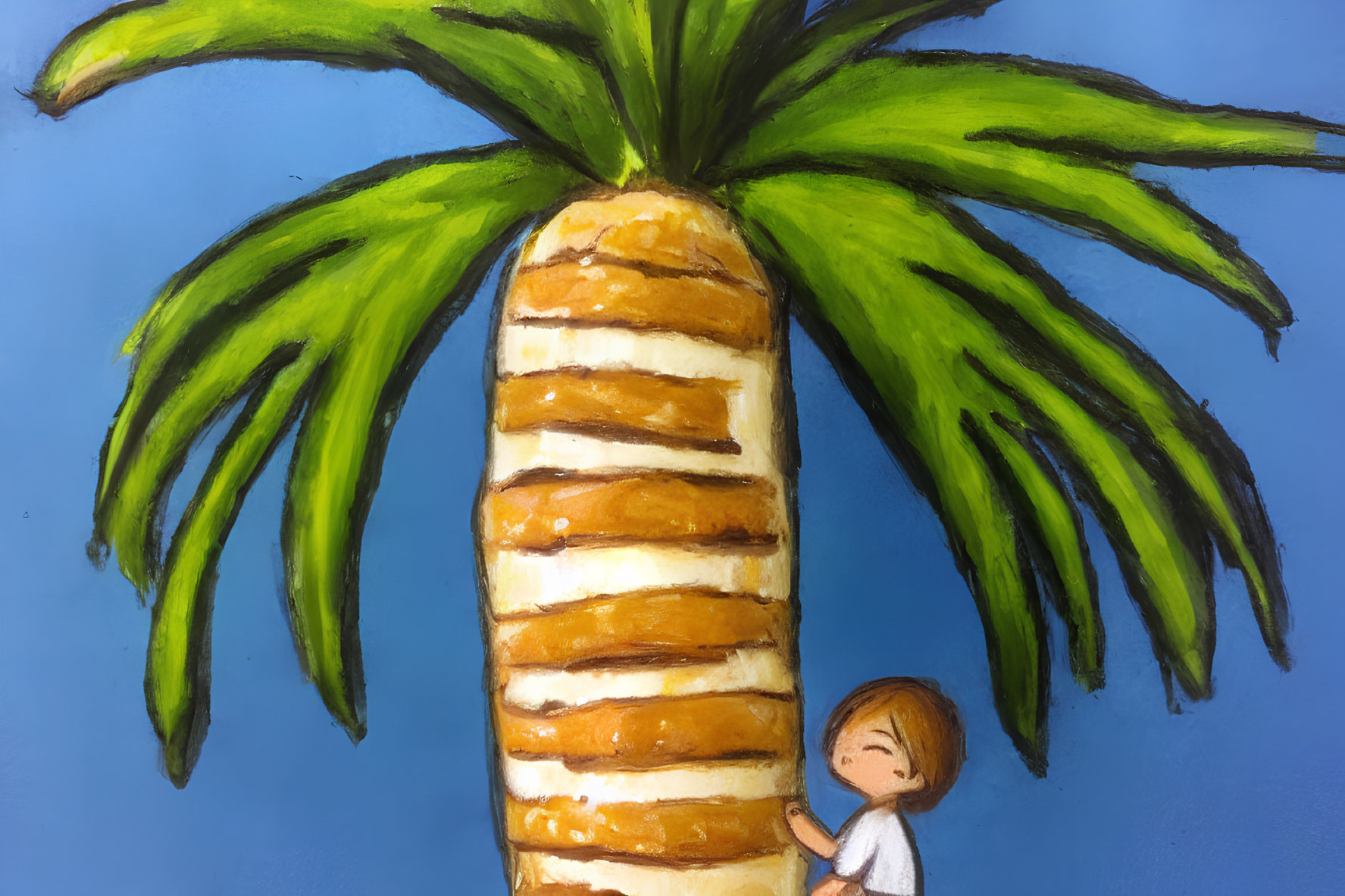 Young child admiring hand-drawn palm tree on blue backdrop