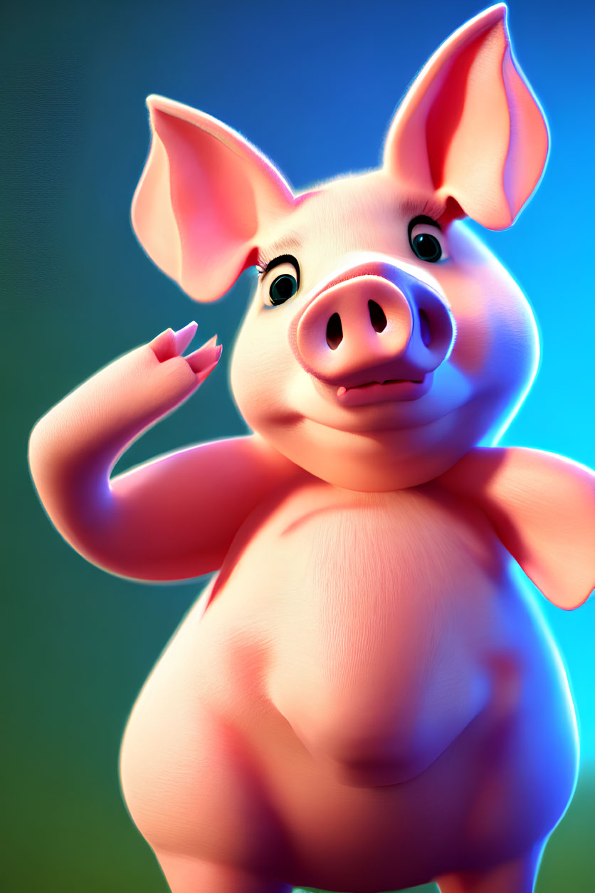 Smiling anthropomorphic pig character on blue and green gradient background