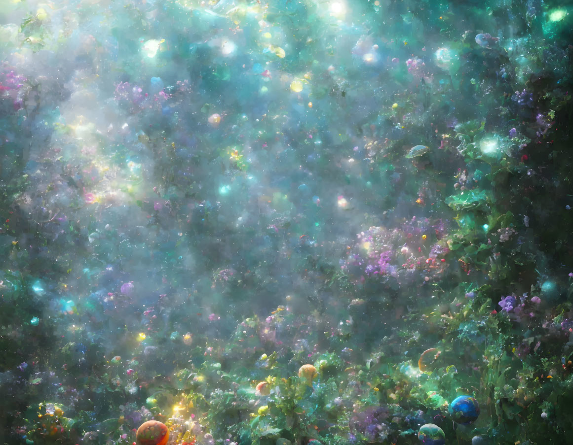 Colorful nebulous clusters and speckled stars in a cosmic garden