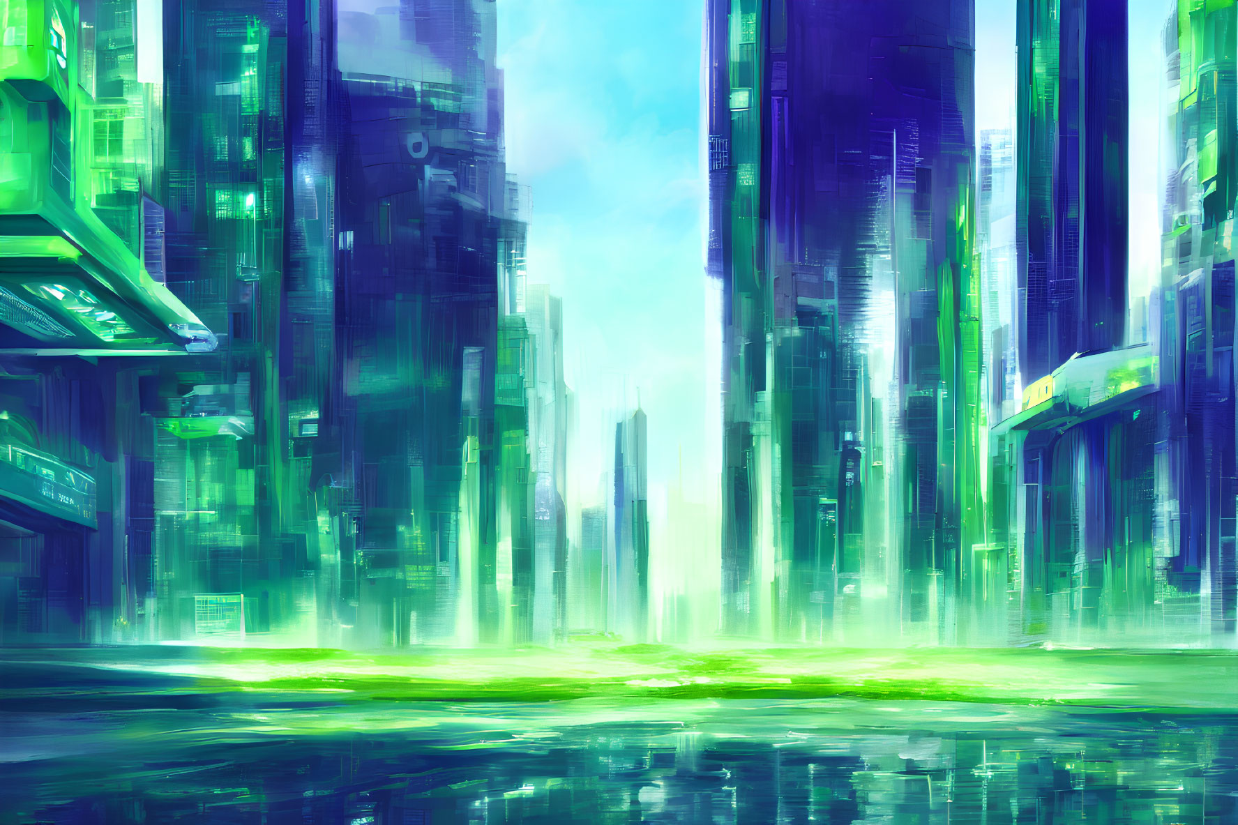 Futuristic cityscape with green and blue skyscrapers reflected on glassy surface