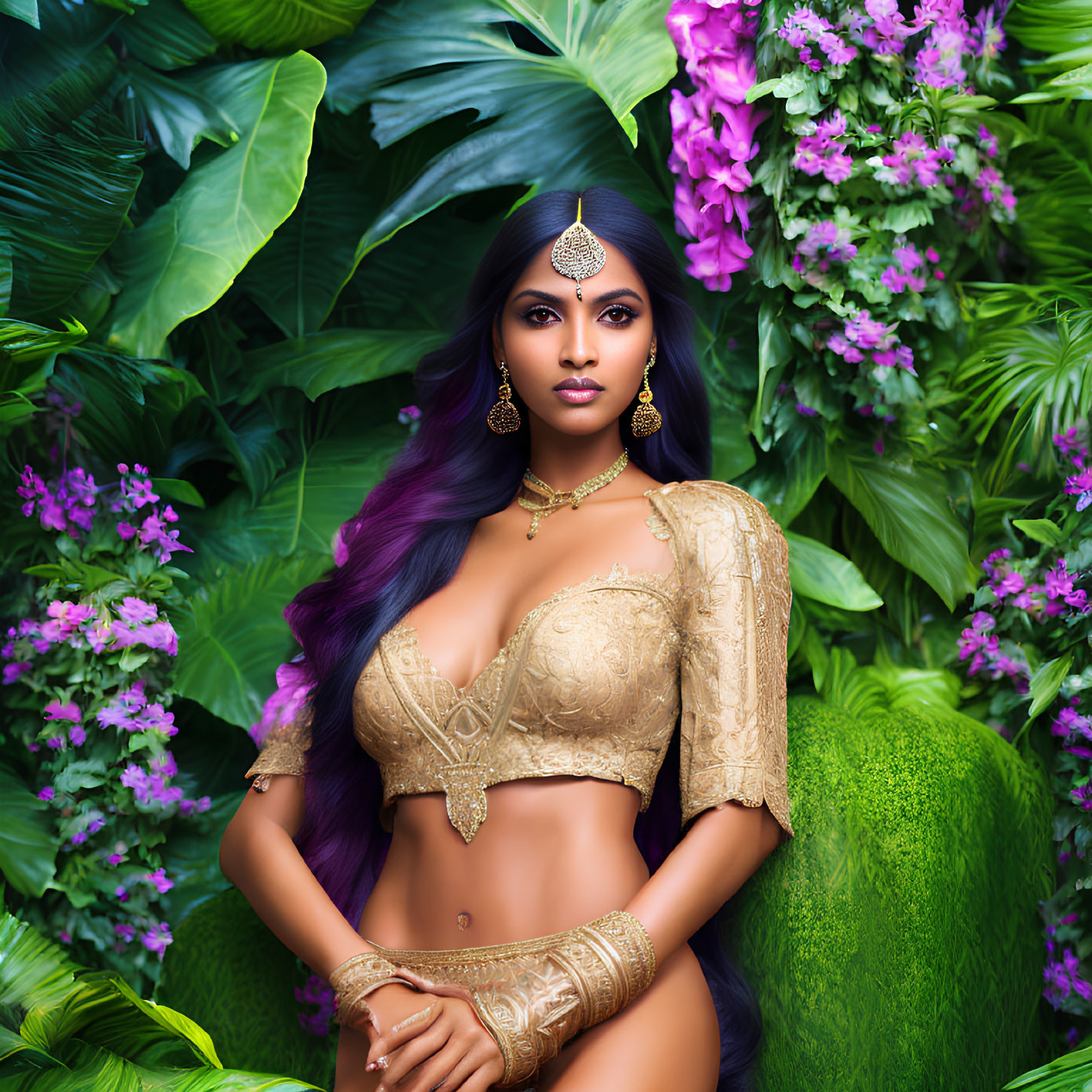 Woman with Purple-Tinted Hair and Gold Jewelry in Lush Greenery