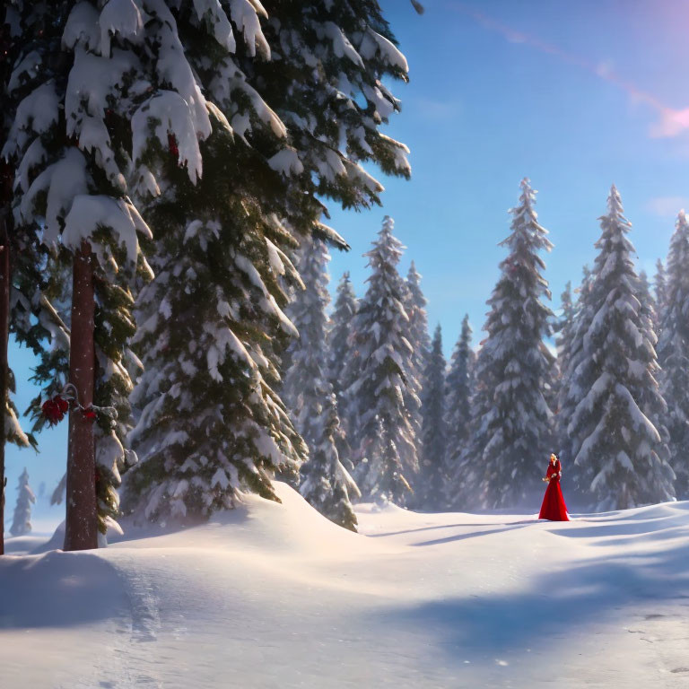 Solitary figure in red cloak in snow-covered pine forest at sunset