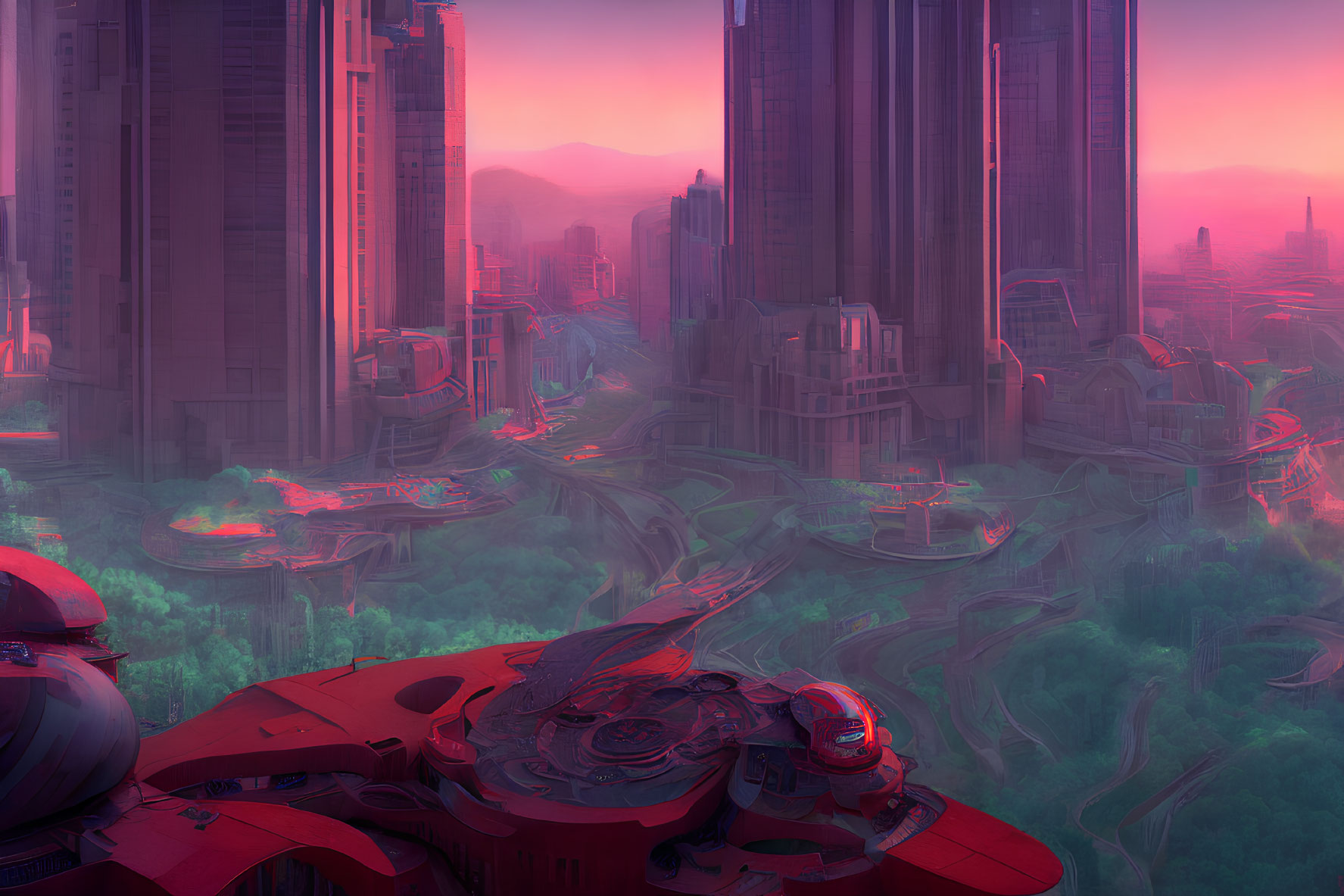 Futuristic cityscape with pink and purple haze, skyscrapers, greenery, and advanced