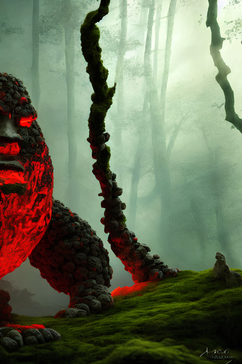 Stone creature with red eyes in foggy forest with soft light