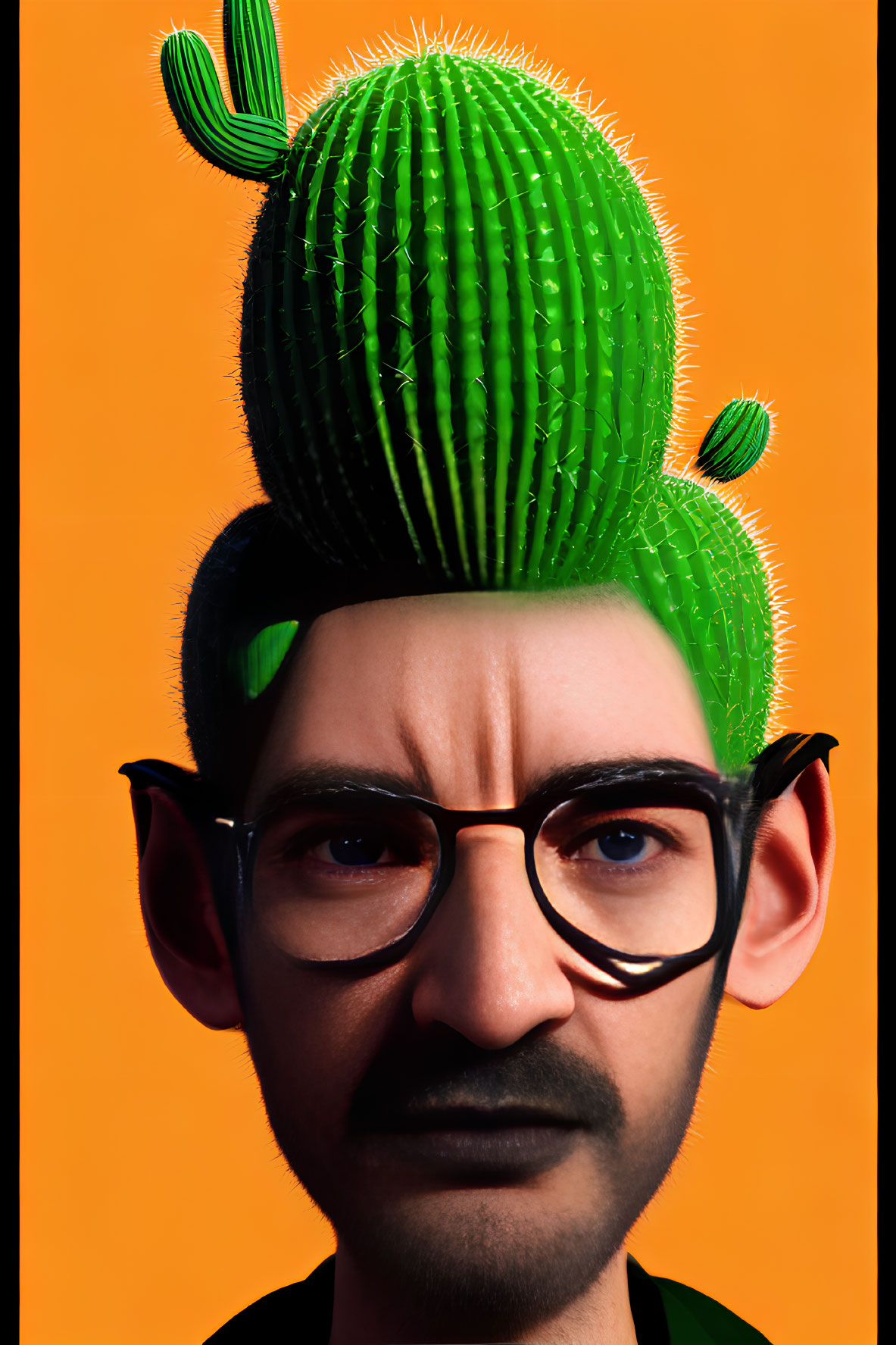 Cactus-headed person with glasses and mustache on orange backdrop