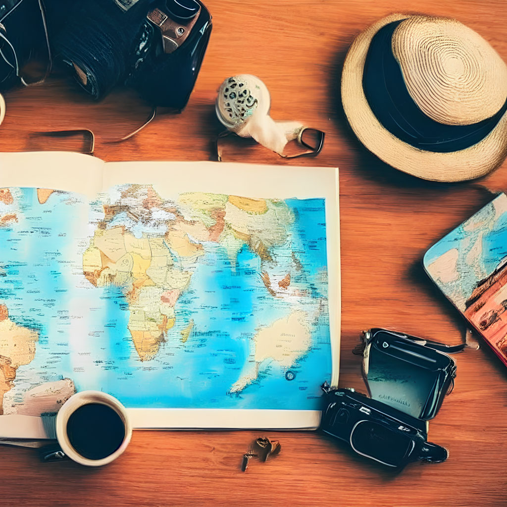 Open world map book on wooden table with coffee cup, vintage cameras, sunglasses, and straw hat for