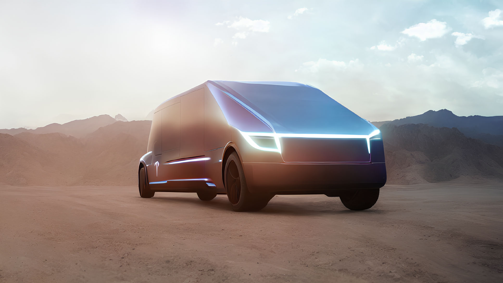 Futuristic Electric Van with Neon Lights in Desert Sunset