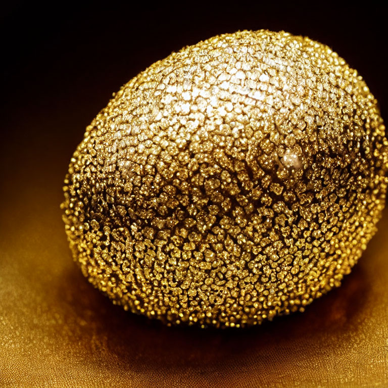 Shimmering golden egg on textured dark background