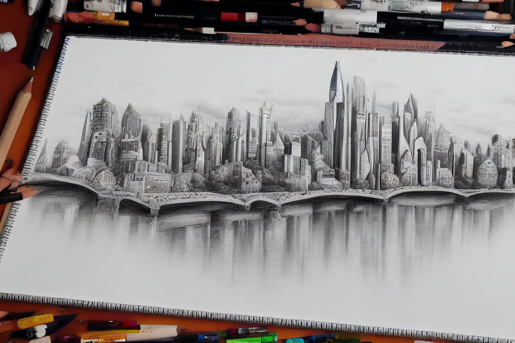 Detailed pencil sketch of futuristic cityscape with skyscrapers reflected in water on table with drawing materials.