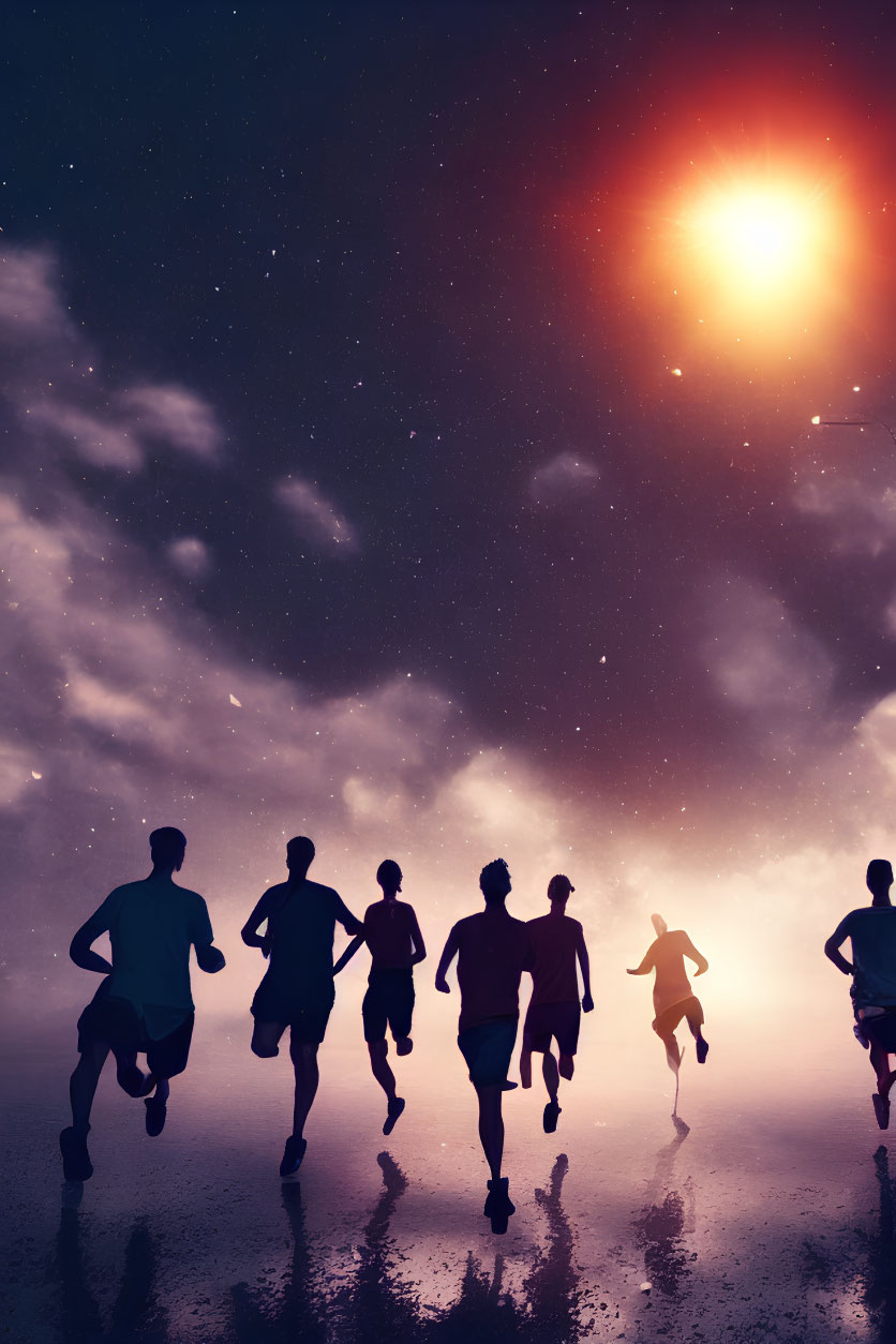 Runners jogging under starry sky with bright celestial body