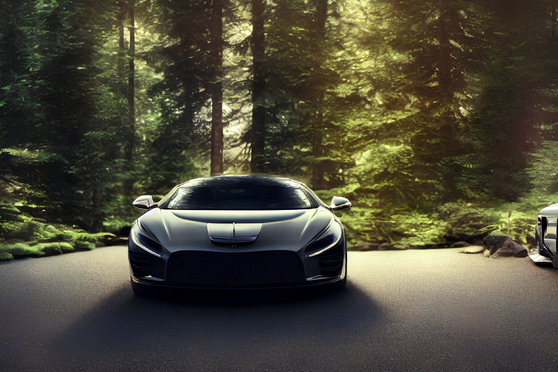 Silver sports car parked on forest road under soft lighting